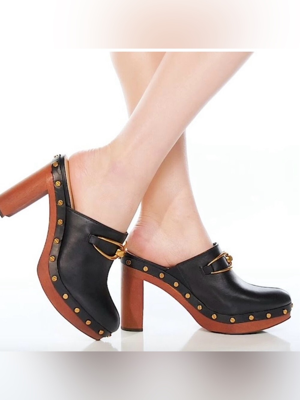 Veronica Beard Black Leather Studded Platform Clog Heels